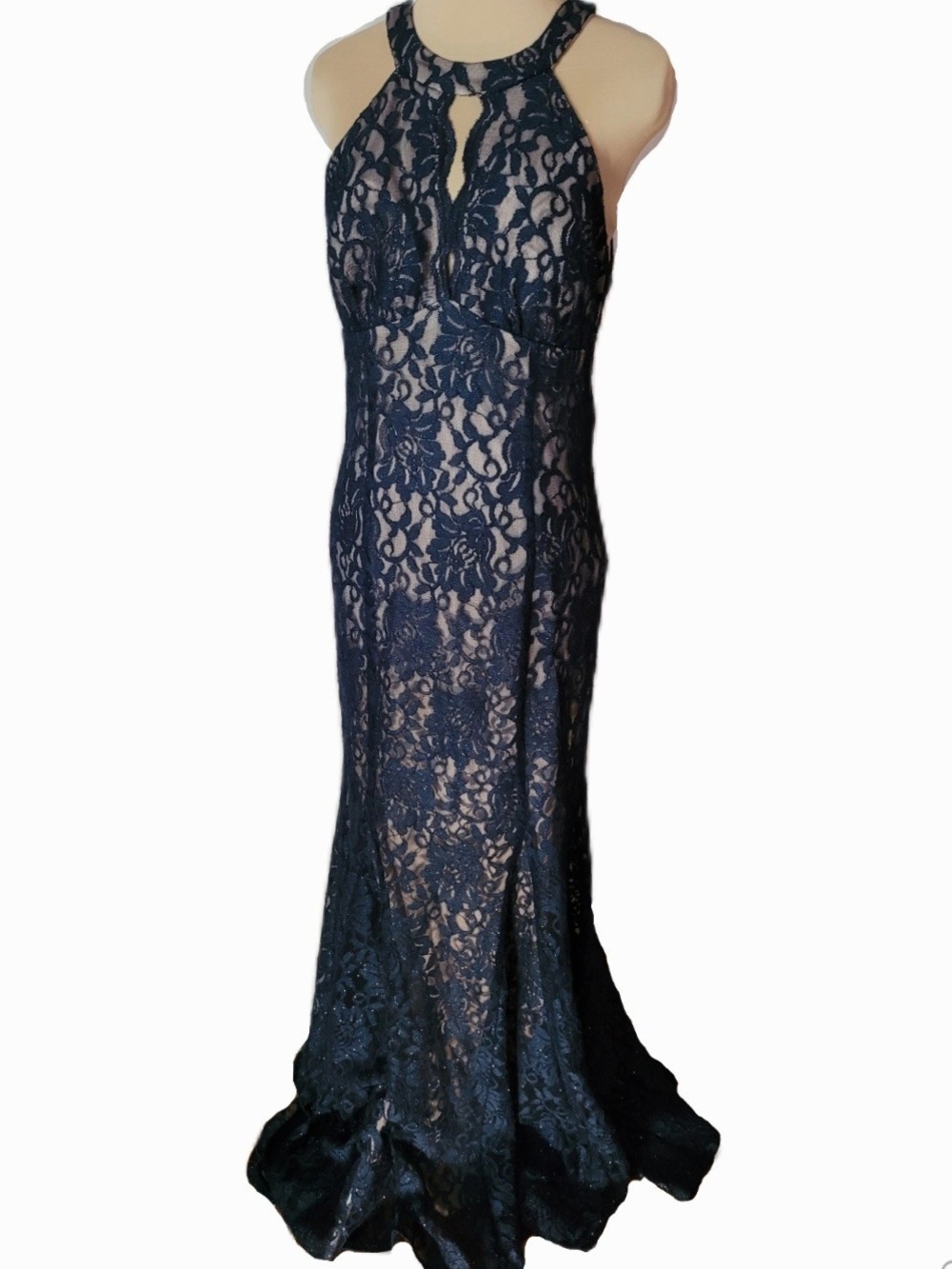 Night Way Collections Navy Lace Halter Gown